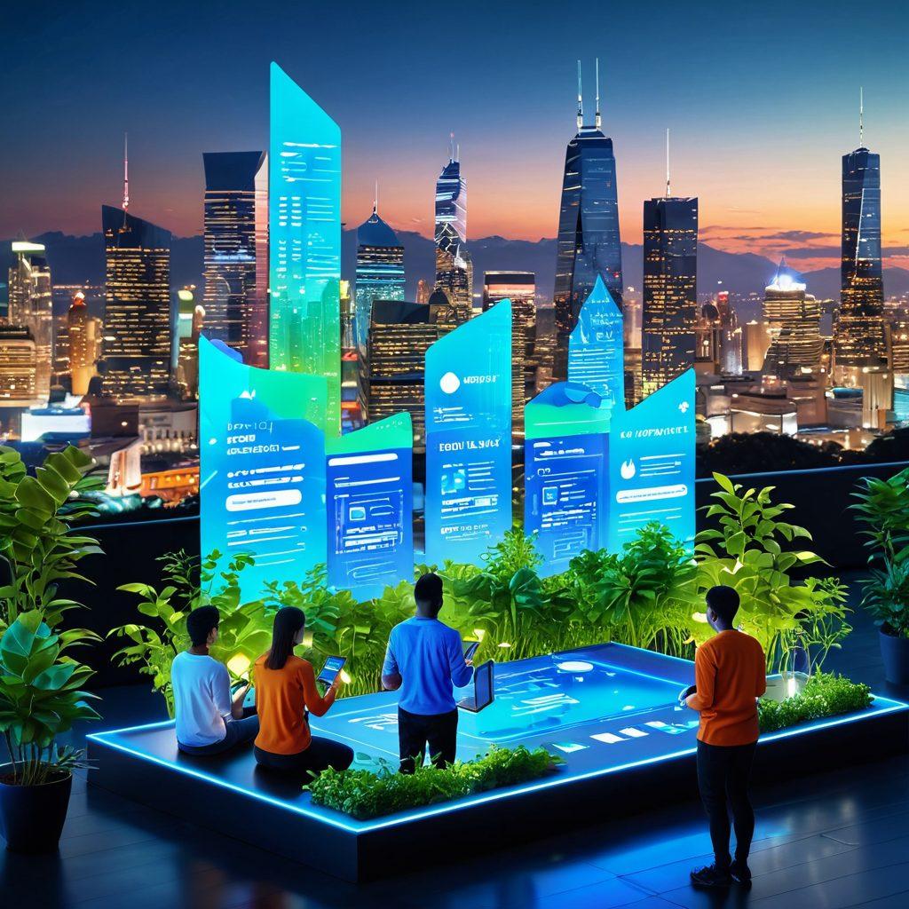 A futuristic billing system interface showcasing seamless transactions, with diverse people interacting happily with digital devices. Display icons of trust, convenience, and technology, surrounded by green plants symbolizing growth. A background of a vibrant city skyline illustrating innovation and progress. soft-focus effect with bright colors, emphasizing a positive experience. super-realistic. vibrant colors. 3D.