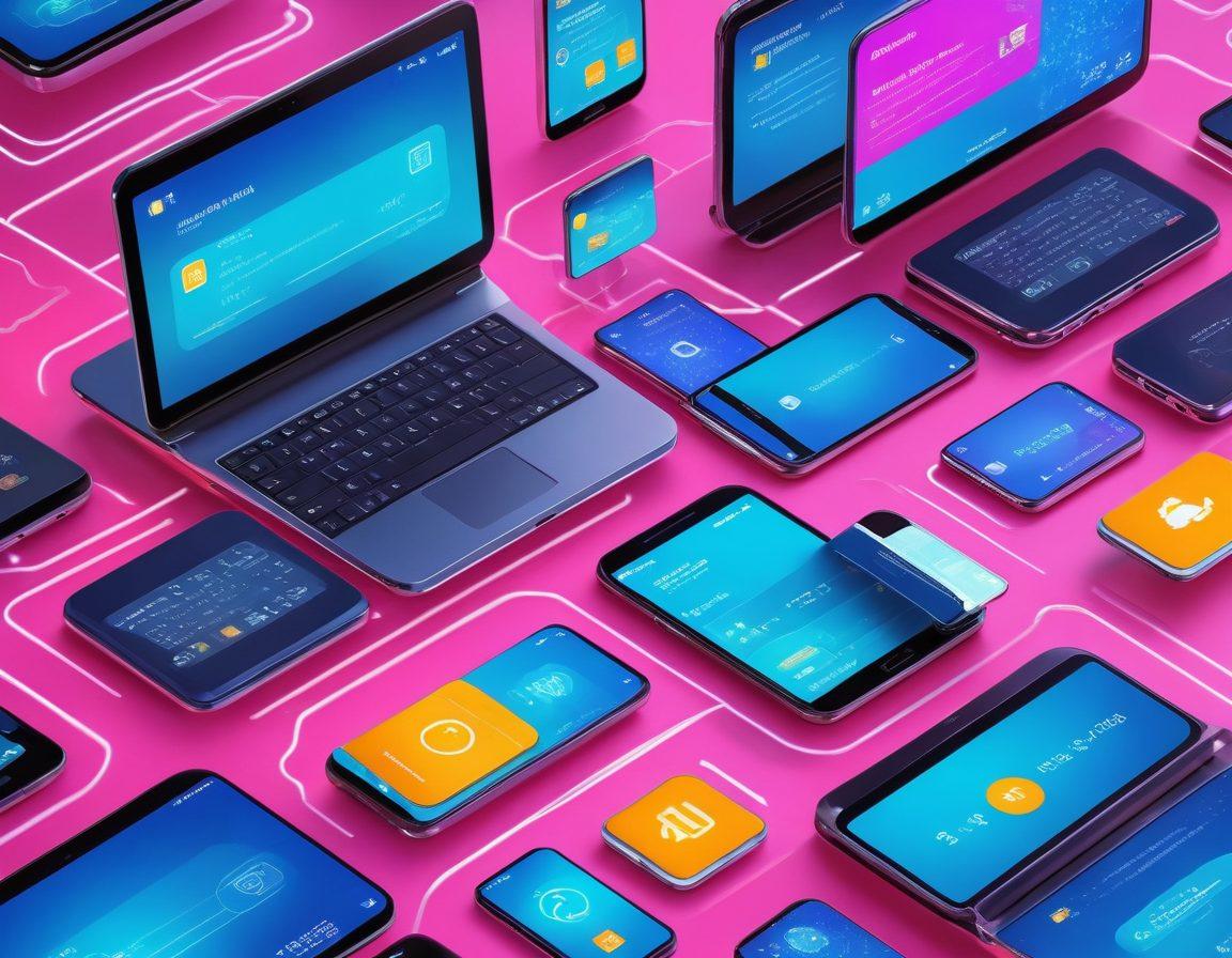 A seamless digital wallet interface displaying various payment options, surrounded by happy customers using smartphones and laptops. Illustrate innovation with vibrant technological elements like circuit patterns and glowing icons, conveying trust and simplicity in finance. Emphasize bright colors to evoke a sense of security and joy. super-realistic. vibrant colors. 3D.