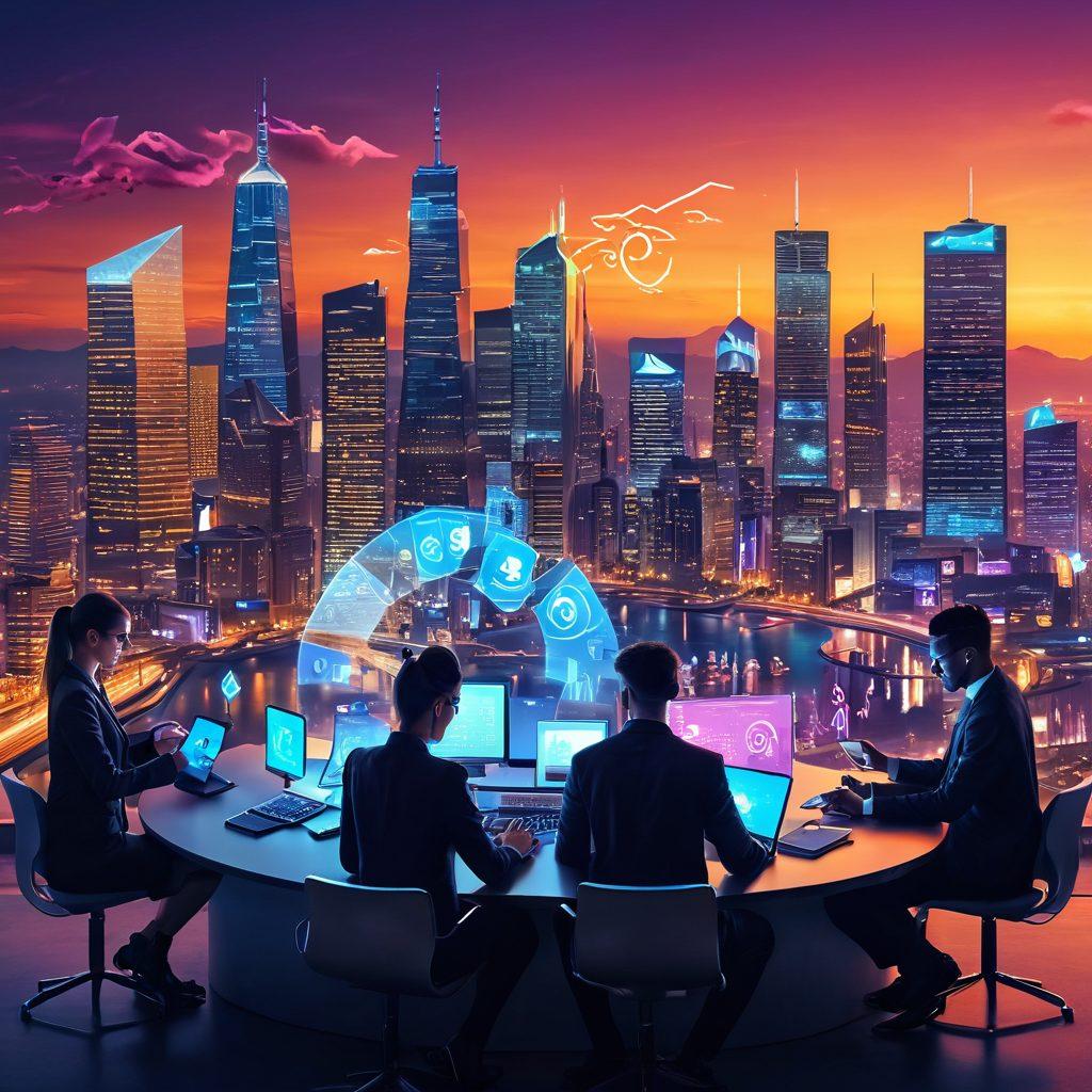 A futuristic digital landscape showing a diverse group of people joyfully making secure bill payments through various devices, surrounded by glowing currency symbols and a serene city skyline at sunset. Incorporate elements like a secure digital interface and hints of blockchain technology in the background, highlighting innovation and simplicity in finance. vibrant colors. cyberpunk.